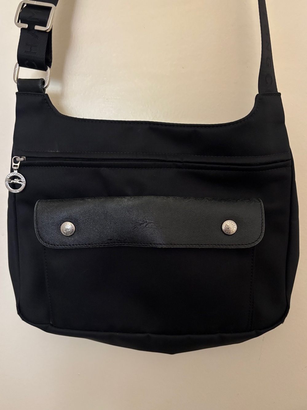 Longchamp Black Nylon Crossbody Bag with Leather Trim